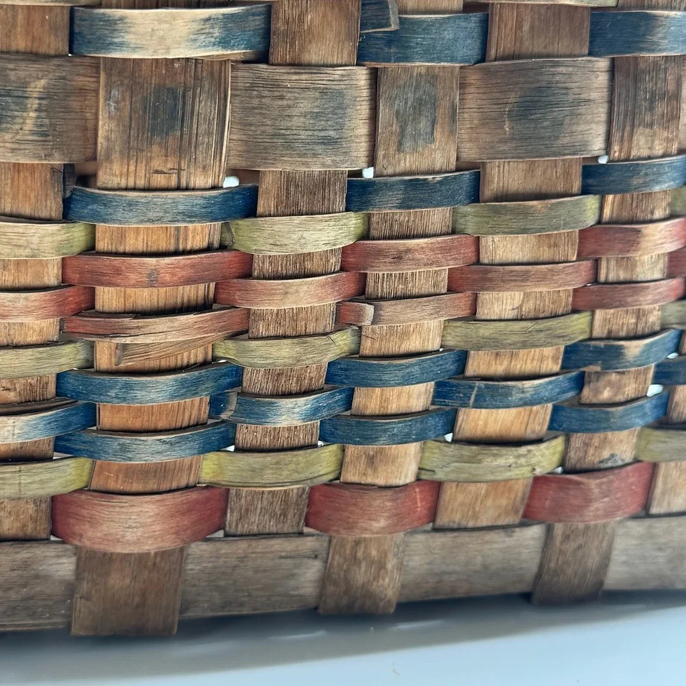 Vtg Hand Woven Splint Oak Gathering Basket Bentwood Handle Primitive Farmhouse